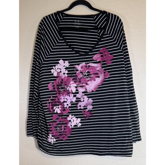 JMS Just My Size Plus 3X Stripe Floral V-Neck Ruched Long Sleeve Black Pink Top - Picture 1 of 7